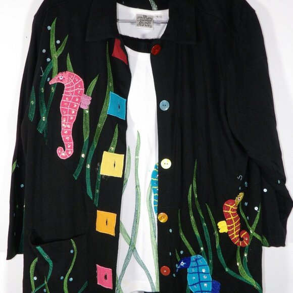 Women's 3 Piece Suit Top Jacket Capris Sz Large Black Colorful Seahorses Vintage - Picture 3 of 9